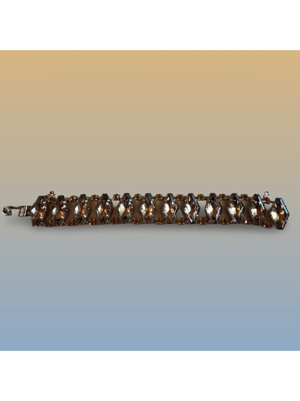 Art Deco Smoky Topaz Amber Rhinestone Glass Bracelet Safety Chain Vintage